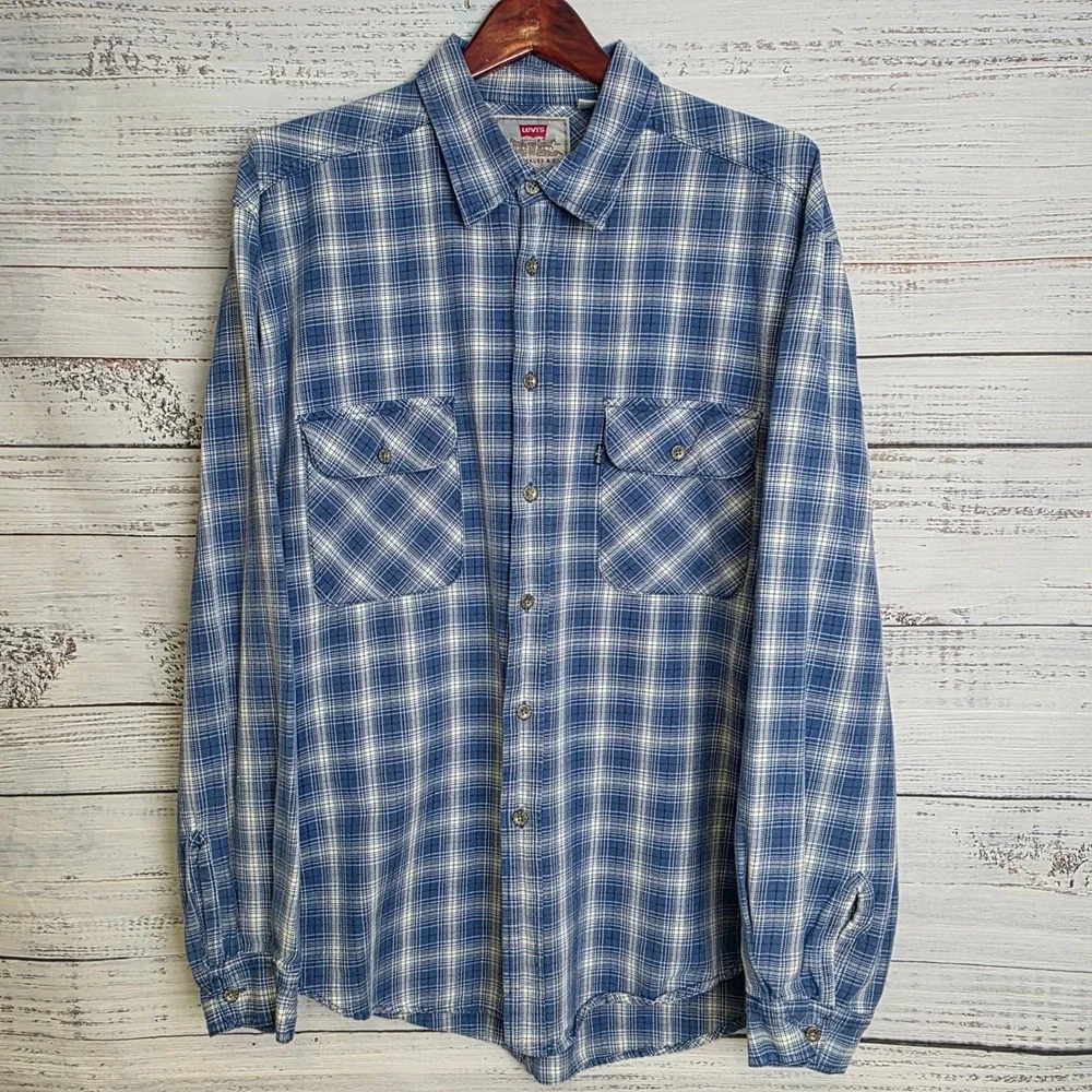 Vintage 1997 Levis Mens Blue Plaid Denim Cotton Shirt XL‎ Long Sleeve 60557-6222